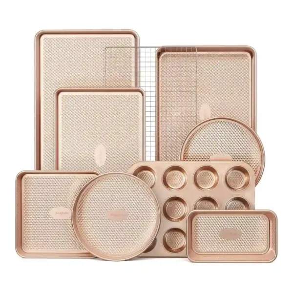 2190a3cd-ba41-4798-9a44-4128323111f8.jpg HONGBAKE - 9-Piece Baking Pans Set Nonstick, Stackable Non Toxic Bakeware Sets with Diamond Texture, Oven Pan Set for Cooking, Incl - Gold