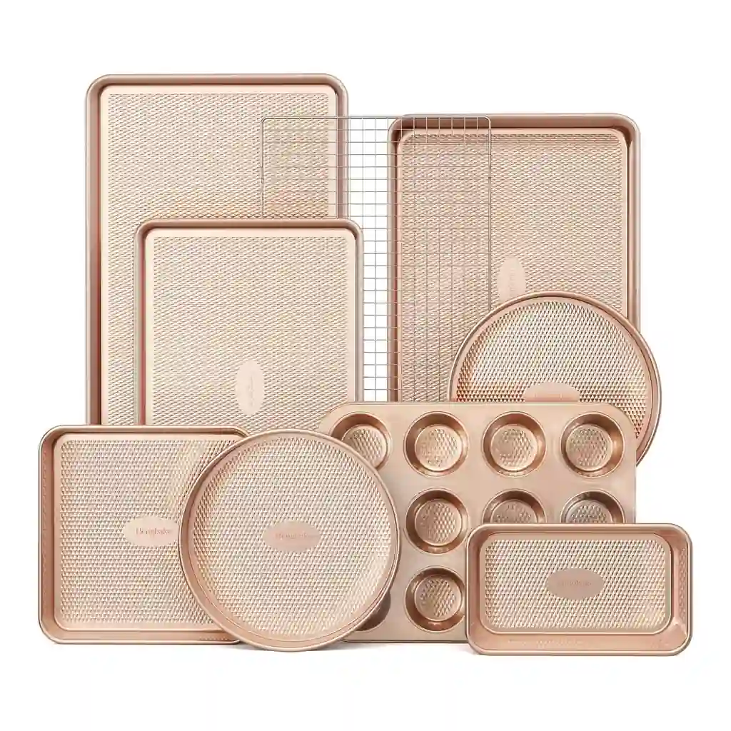 2190a3cd-ba41-4798-9a44-4128323111f8.jpg HONGBAKE - 9-Piece Baking Pans Set Nonstick, Stackable Non Toxic Bakeware Sets with Diamond Texture, Oven Pan Set for Cooking, Incl - Gold