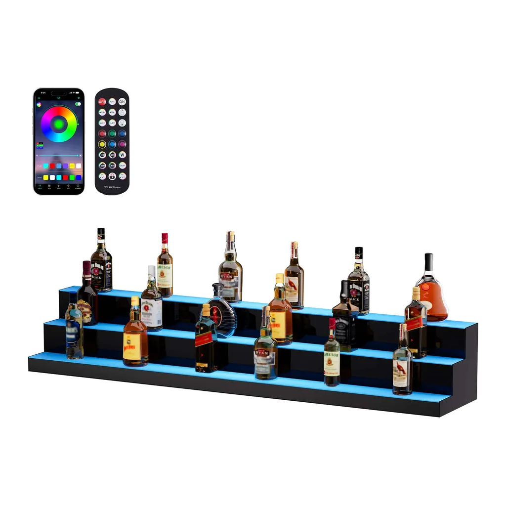 235d79eb-f05f-4b08-b1a4-c3191a2adc2e.jpg VEVOR - LED Lighted Liquor Bottle Display, 3 Tiers 60 Inch Commercial Illuminated Home Bar Shelf, 3 Steps Whiskey Rack Stand - Transparent