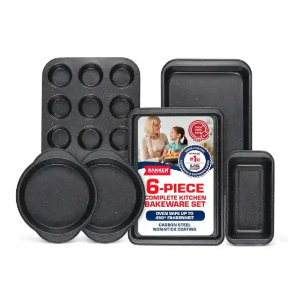 264ff235-d33e-4ab6-ae01-62aa2f9577bc.jpg Bakken- Swiss - BAKKEN 6-Piece Bakeware Set – Nonstick Carbon Steel, Stackable, Oven Safe, PFOA PFOS PTFE Free - Gray Marble