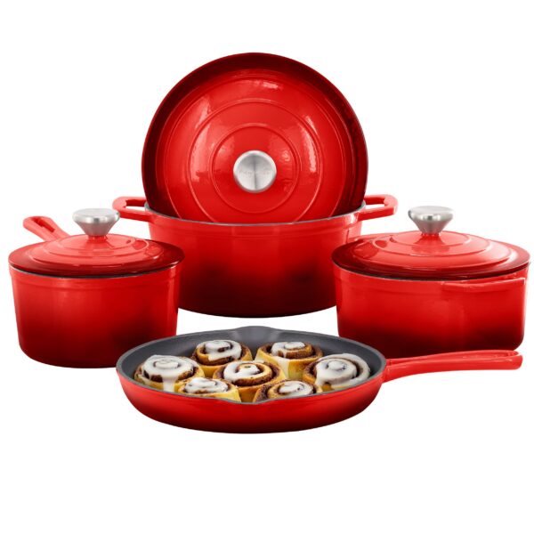 267121ed-16a7-4b6a-ae8c-acdec3cdf01d.jpg MegaChef - 7 Piece Enameled Cast Iron Cookware Set - Red