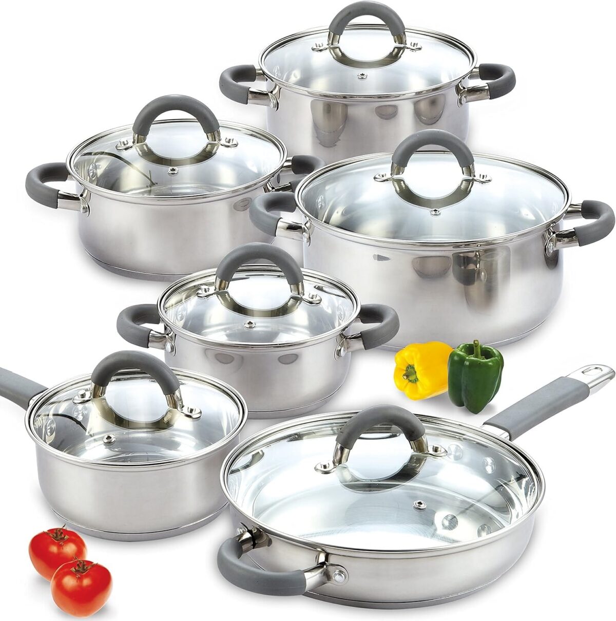 26be0f16-2b70-4e2d-bdc9-e3e0ff94bfb4.jpg Cook N Home - 12Pc Basics Stainless Steel Cookware Set, Silicone Handle-Non-Toxic, Induction Ready, Oven & Dishwasher Safe - Silver