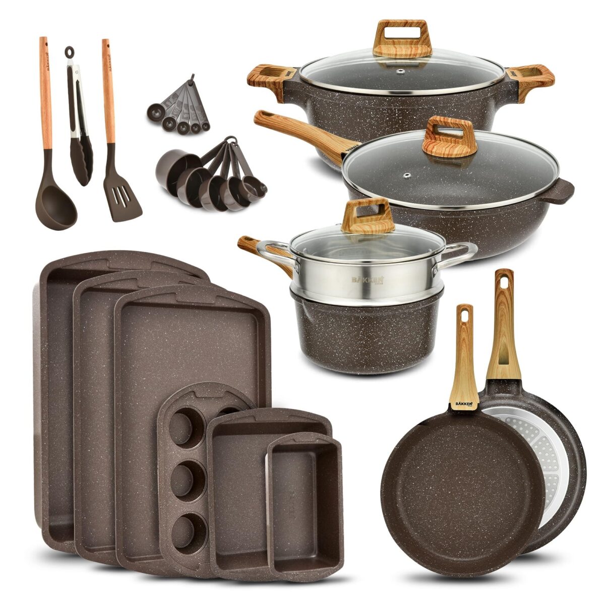 29162d8a-1024-497d-88e7-6b927d0e2f91.jpg Bakken- Swiss - Kitchen Cookware Set - Nonstick Granite Coating, Pots and Pans with Handle Grips and Tempered Glass Lids, PFOA, PFOS, PT - Brown Marble