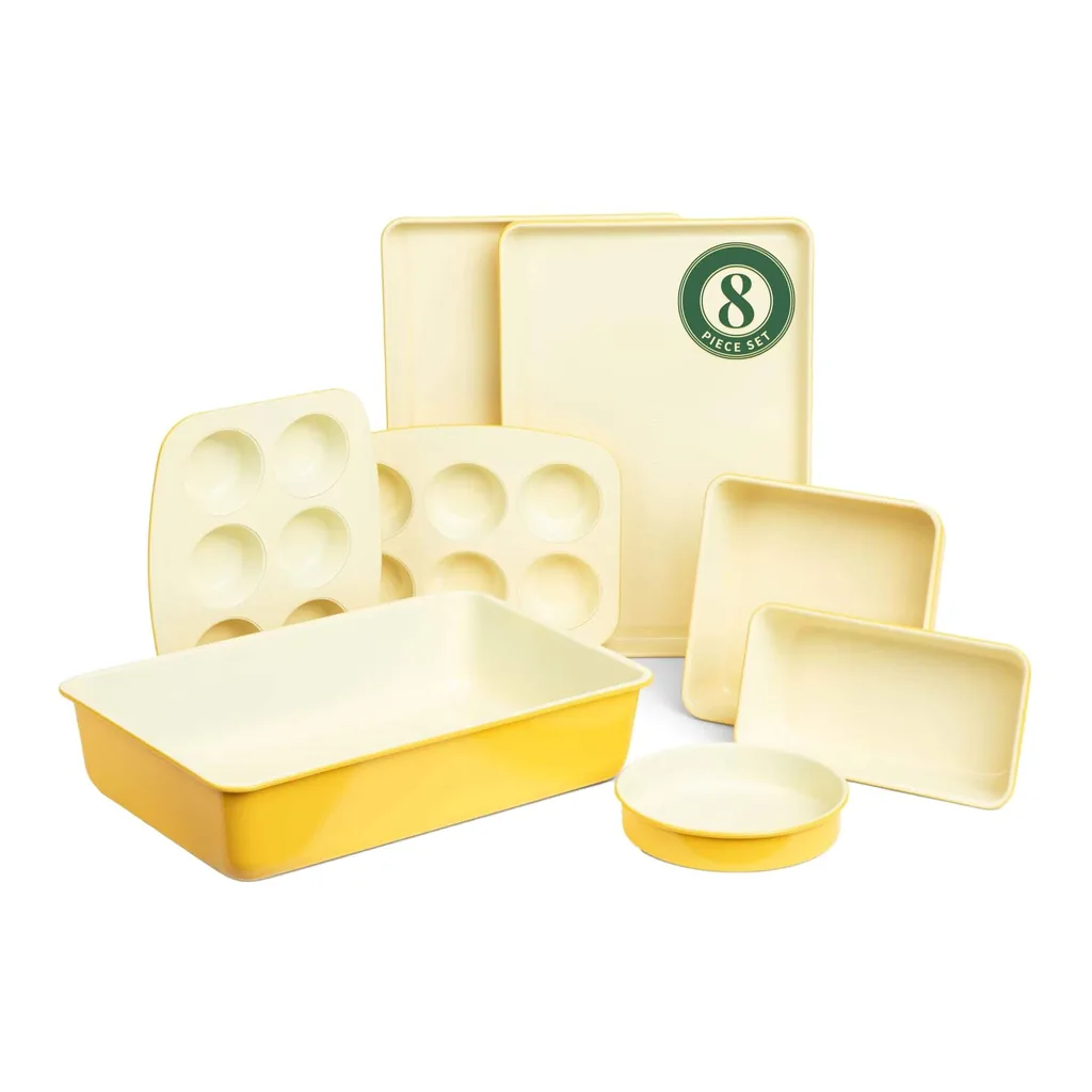 299ec5f8-0270-4d82-a6a6-2d0af9ee51ca.jpg Larder & Vine - 8 Piece Nonstick Bakeware Set Including Baking Sheets, Cake Pans, Loaf Pan, Muffin Pans, Roasting Pan - Limoncello