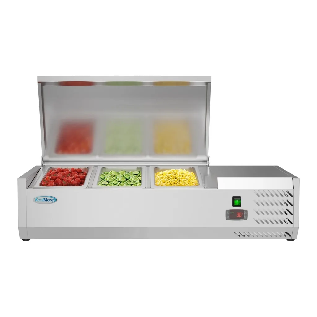 29a0af71-3843-4496-8d74-77199a7e9185.jpg Koolmore - 40 in. Three Pan Refrigerated Countertop Condiment Prep Station - SCDC-3P-SG - Stainless Steel