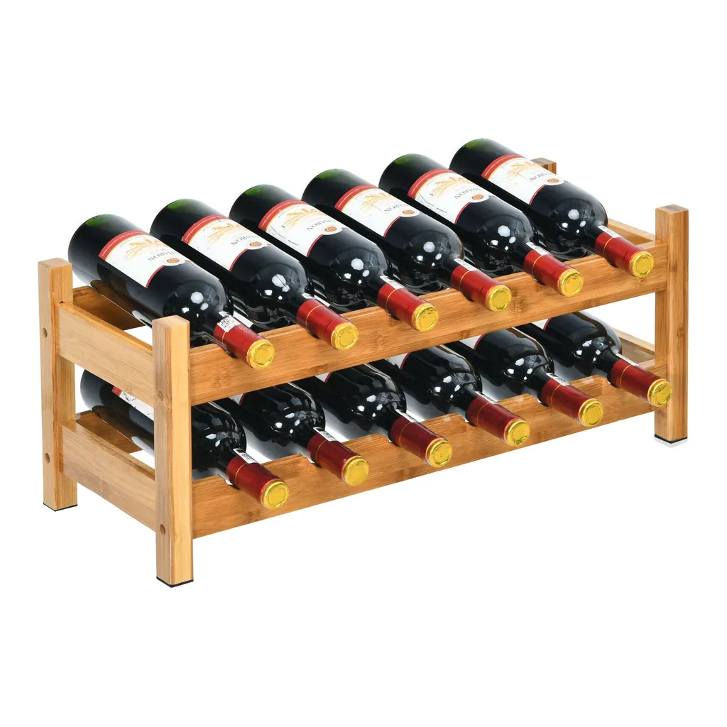 2a913363-7538-41b7-92c8-48651240bc46.jpg Gymax - 2-Tier Bamboo Wine Rack 12 Bottles Display Storage Shelf Holder Kitchen - Natural