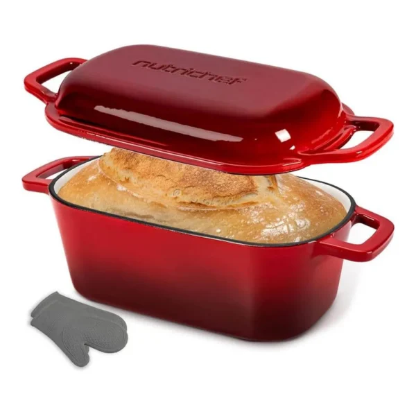2ab1474e-29b5-478f-bad0-9cdf65cbc1d3.jpg NutriChef - 10" Enameled Cast Iron Bread Pan with Lid, Oval Loaf Dutch Oven with Silicone Gloves, Oven-Safe to 500°F