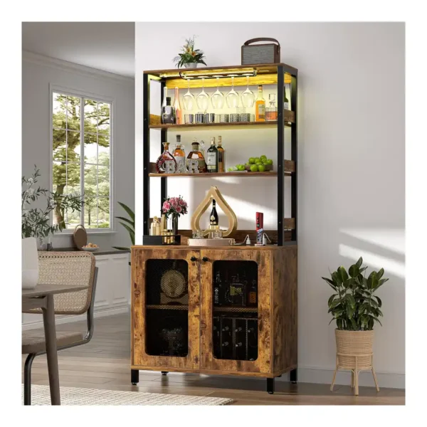 2c61dda9-0584-4e54-8c83-8a5c0c701954.jpg Aheaplus - 67'' Tall Wine Cabinet with LED Light and Power Strip, Liquor Cabinet with Glass Holder & Shelves - Brown