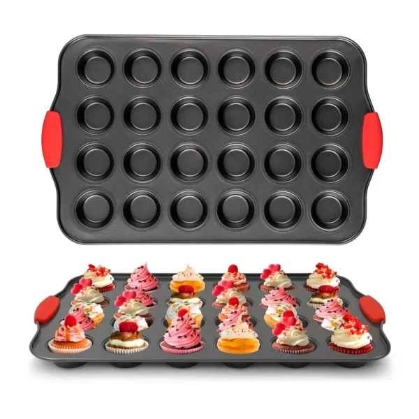 2cda9c9b-bcbb-439a-8206-c7b26c2a20f1.jpg Cheer Collection - 24-Cup Carbon Steel Mini Muffin Pans with Ceramic Nonstick Coating and Silicone Grips, 2-Pack - Black
