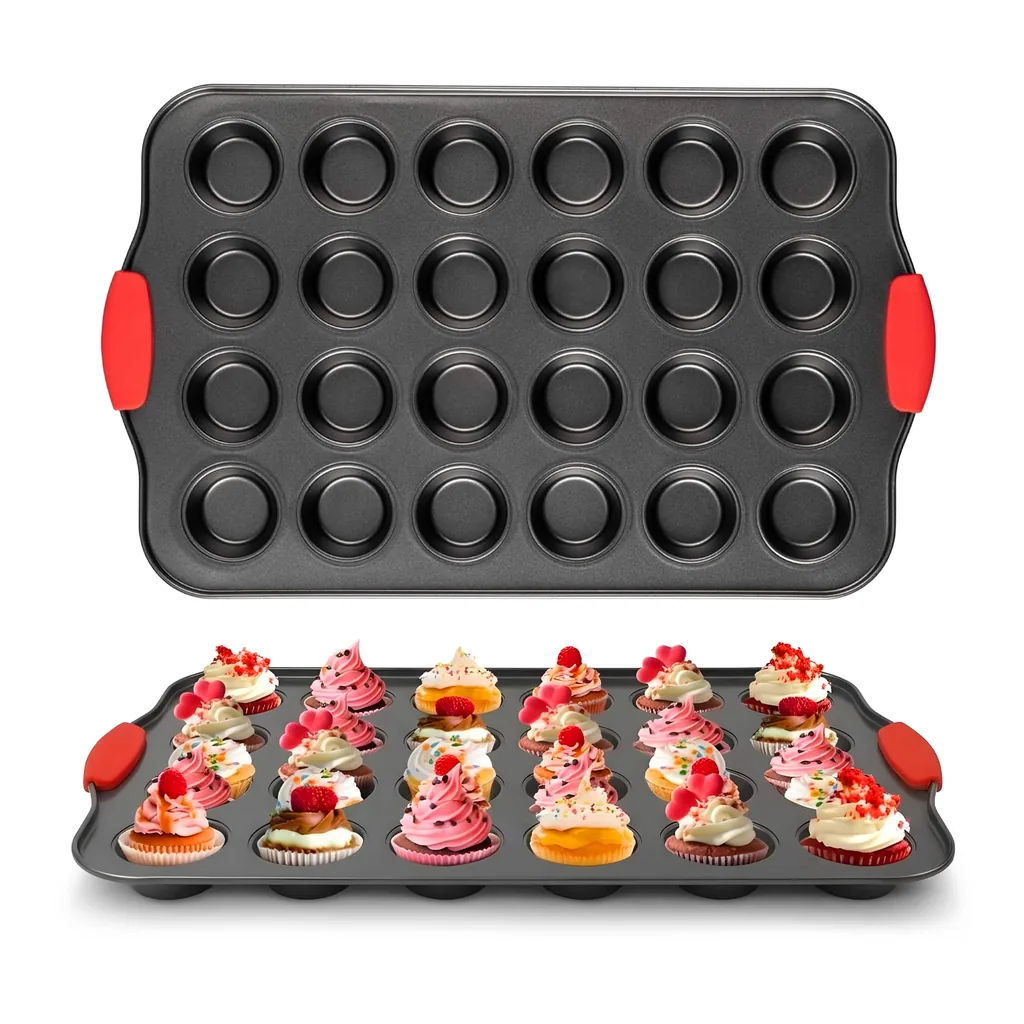 2cda9c9b-bcbb-439a-8206-c7b26c2a20f1.jpg Cheer Collection - 24-Cup Carbon Steel Mini Muffin Pans with Ceramic Nonstick Coating and Silicone Grips, 2-Pack - Black