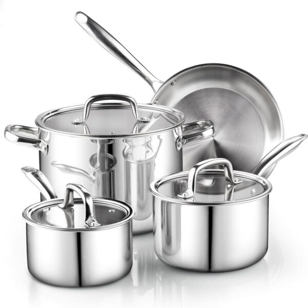 2d22587f-4aa9-4329-9570-6b60deafd0b0.jpg Cook N Home - Classic S/S Tri-ply Clad 7pc cookware set, Sauce & Frying pan, Stockpot w/Glass Lid, Induction Dishwasher and Oven Safe - stainless steeel