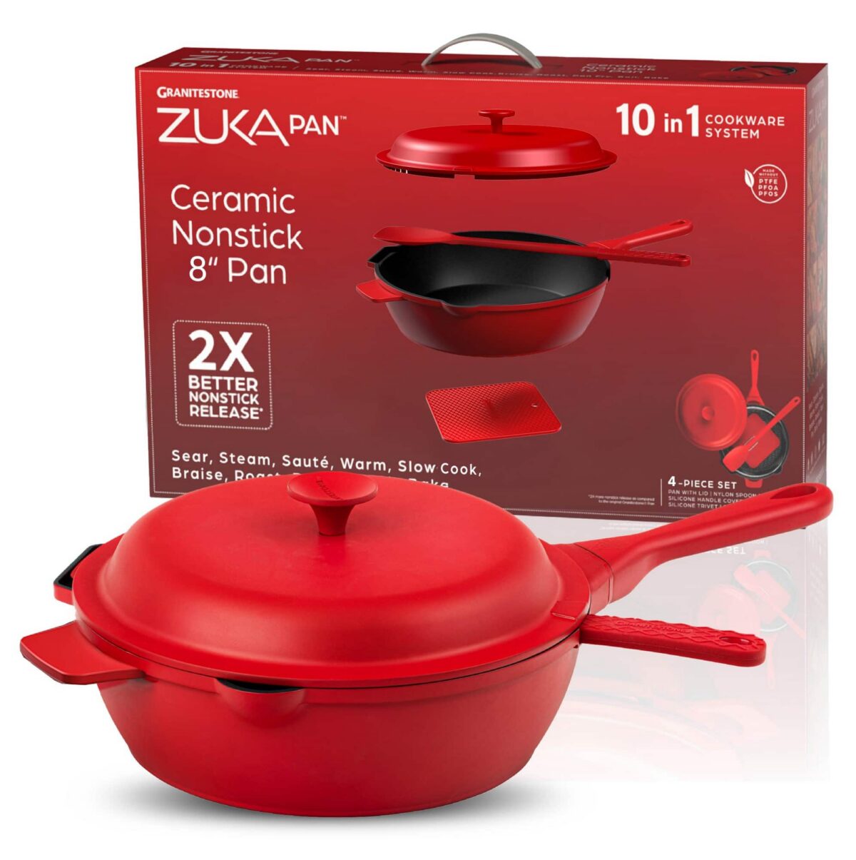 2df0b734-aa98-44de-830f-bd10de936fb6.jpg Granitestone - Zuka Everyday Pan 8" Nonstick Multi-Functional Saute Pan with Lid and Nylon Spoon - Red