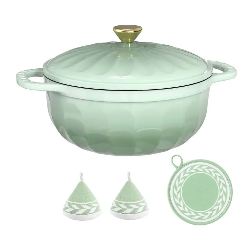2f82fe94-6fd5-4aea-9d12-29acefda2728.jpg Winado - 7.5QT Enameled Cast Iron Dutch Oven with Gradient Petal Texture,Heat-Resistant Gloves, Pot Mat for Bread Baking, Stews - Green