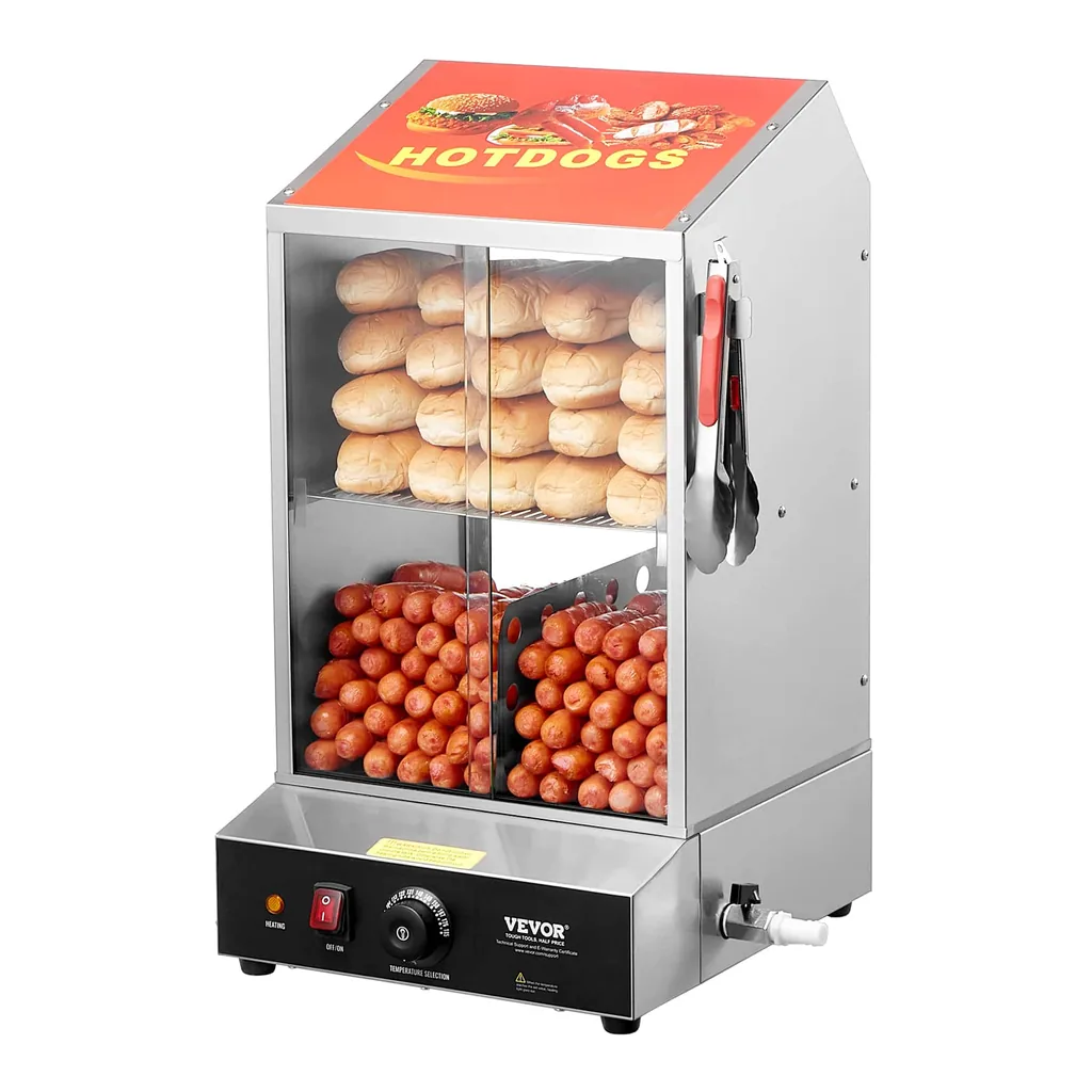 2fab831d-f66a-46c4-9561-0907762eab99.jpg VEVOR NB-RGG-001X Hot Dog Steamer, 39QT, 2-Tier Hot Dog Hut Steamer, 86℉~185℉ Temperature Control, Electric Bun Warmer with Tempered – Silver