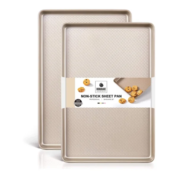 3078b9ce-9311-43a1-b865-af0cf3c6baa6.jpg HONGBAKE - 2 Pack Half Sheet Baking Pans,Non Stick Baking Sheet for Oven, 57% Thicker , 17.5" x 12" Cookie Trays - Champagne Gold