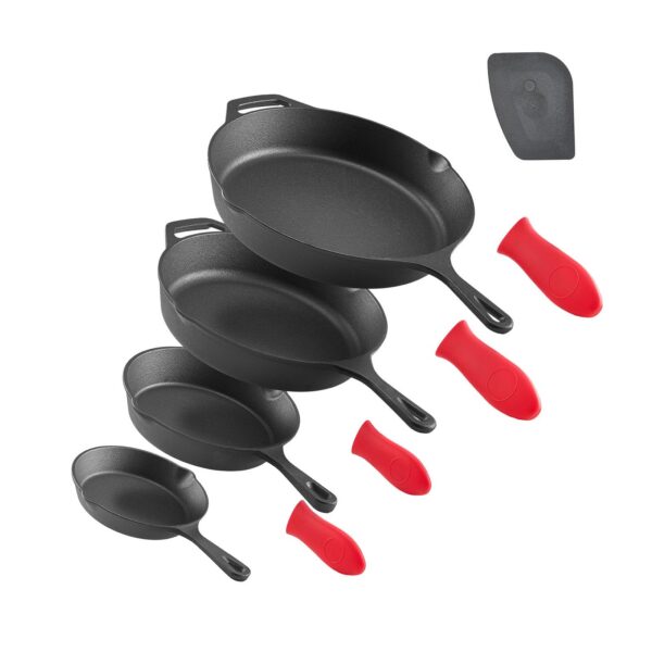 3187031d-85a5-4cdf-8474-0ae351ccf269.jpg VEVOR - Cast Iron Skillet Set, 4-Piece Frying Pan Collection (6, 8, 10, 12 in), Pre-Seasoned Pans with Silicone Handles - Black