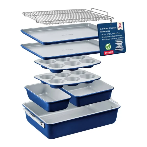 31897d9d-56b5-49fd-8fac-a9ba8592e46e.jpg Bakken- Swiss - Bakken 8-Piece Bakeware Set – Non-Toxic Ceramic, PTFE/PFOA Free, Stackable, Oven Safe, Rack, Easy-Grip Handles - Blue