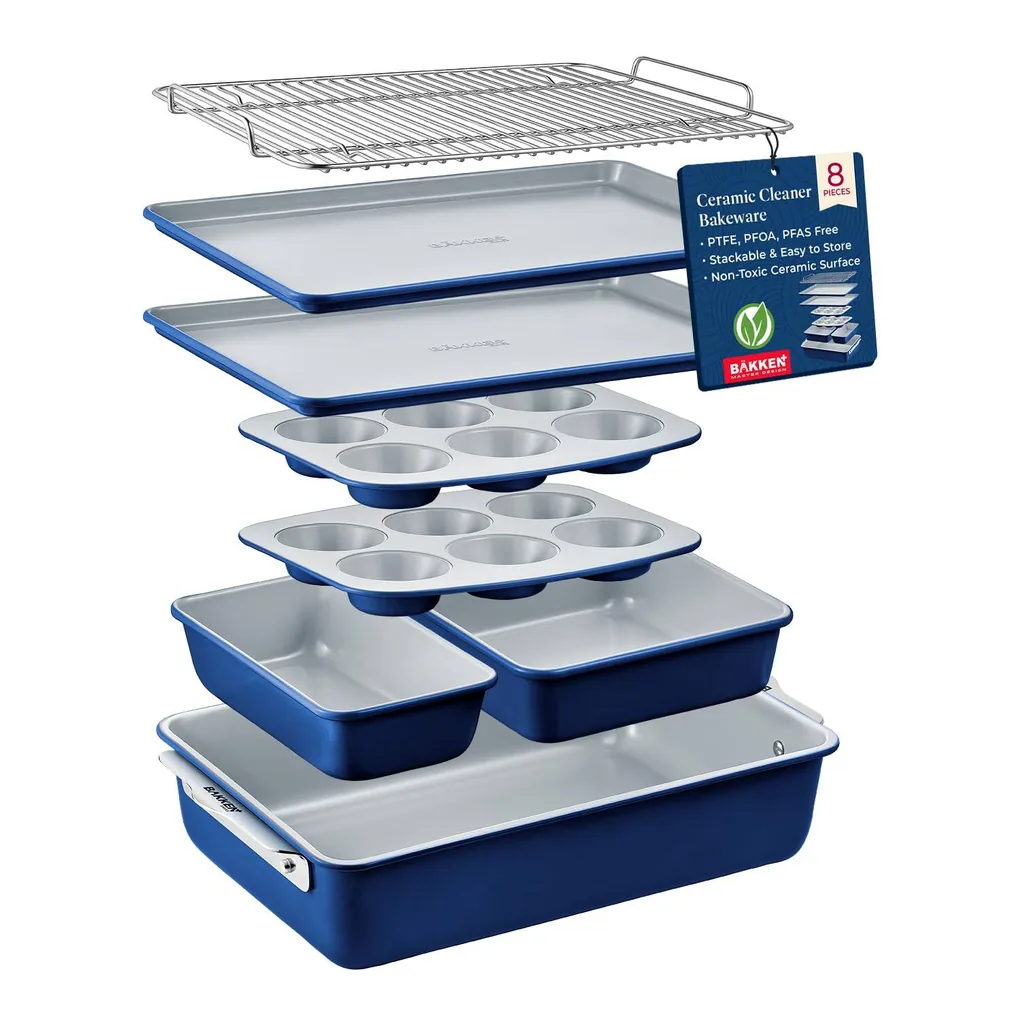 31897d9d-56b5-49fd-8fac-a9ba8592e46e.jpg Bakken- Swiss - Bakken 8-Piece Bakeware Set – Non-Toxic Ceramic, PTFE/PFOA Free, Stackable, Oven Safe, Rack, Easy-Grip Handles - Blue