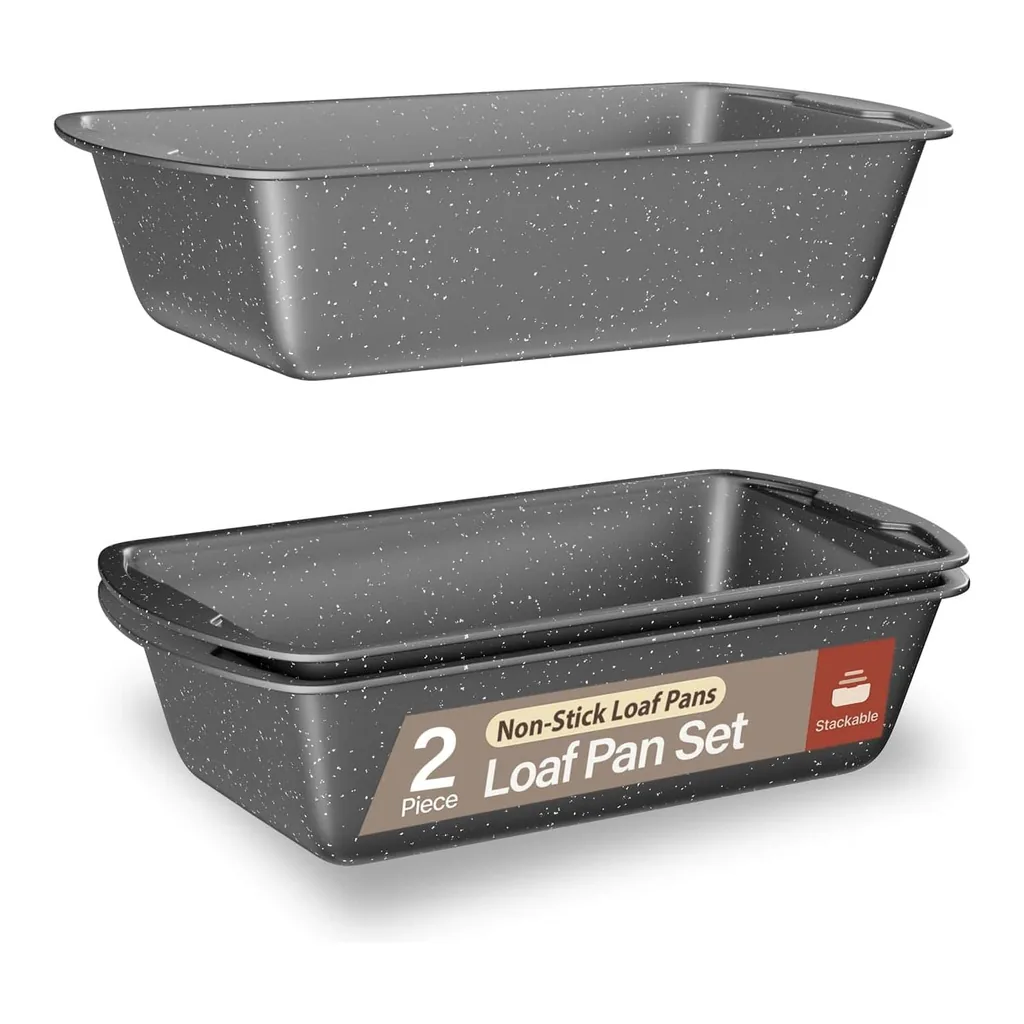 3276d85d-3aeb-439e-84fd-a918d8122063.jpg Bakken- Swiss - Set of 2 Loaf Pans – 10.2" & 11", Nonstick, Oven Safe, Stackable, PFOA/PTFE Free - Gray Marble