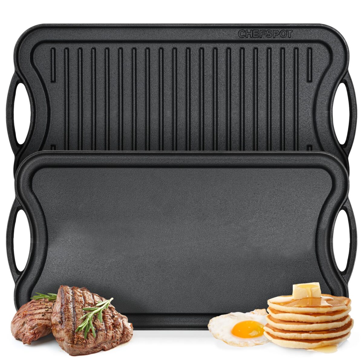 33b3b1c7-4215-4ae0-b6bb-cfe4711d6b5a.jpg CHEFSPOT - Griddle Pan for Stove Top – 20" Reversible Preseasoned Cast Iron Double Burner Griddle Plate, Multi-Use - Black