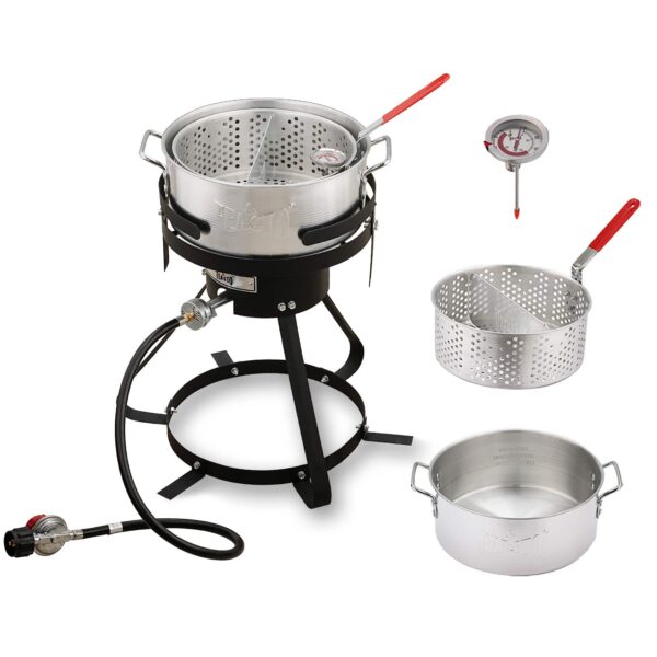 34a513f7-352e-4395-8879-b847ce6b5cb9.jpg FEASTO - 10 Qt Aluminum Outdoor Propane Gas Fish Fryer Pot Kit - Silver
