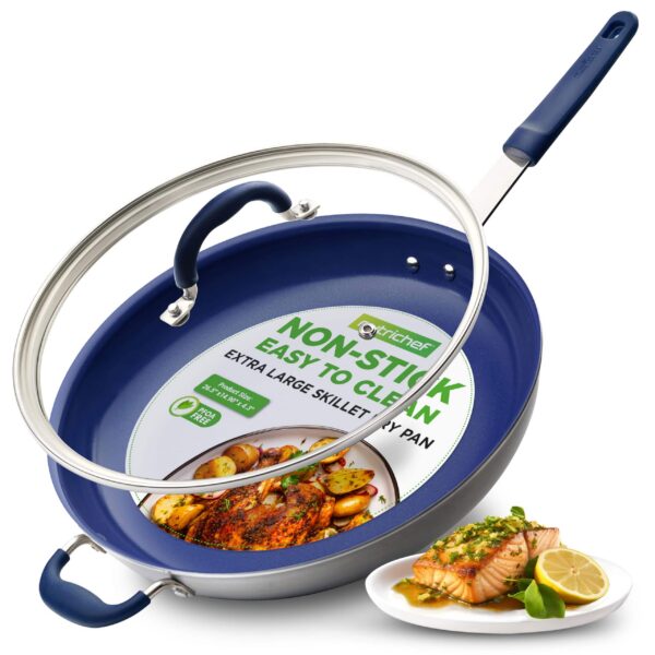 355ab735-cc9b-4602-81cc-9be94f75590e.jpg NutriChef - 14" Fry Pan with Lid, Extra Large Nonstick Skillet, Ceramic Coating, Silicone Handle, Stain-Resistant - Silver exterior/Blue interior