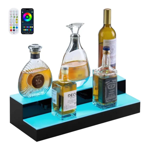 36b94e2e-9dcf-4443-b36e-45bd8b3df1c1.jpg VEVOR - LED Lighted Liquor Bottle Display,2Tiers 20Inches Whiskey Rack,Supports USB,with RF Remote & App Control,9 Static Colors - Black,White