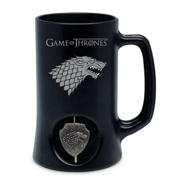 37029b23-0214-42de-87aa-a387138399e8.jpg Game of Thrones - House Stark Sigil Ceramic Stein Mug With Rotating Metal Emblem - Black