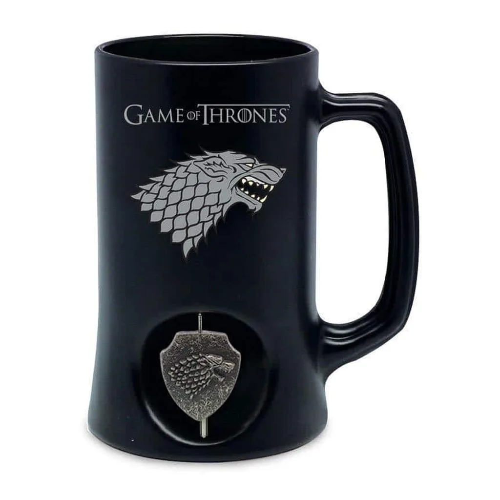 37029b23-0214-42de-87aa-a387138399e8.jpg Game of Thrones - House Stark Sigil Ceramic Stein Mug With Rotating Metal Emblem - Black