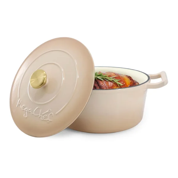 38544f34-f0da-40c8-9cec-160a0315dd4c.jpg MegaChef - 5.3 Quarts Round Enameled Cast Iron Casserole with Self Basting Lid - Peanut Butter