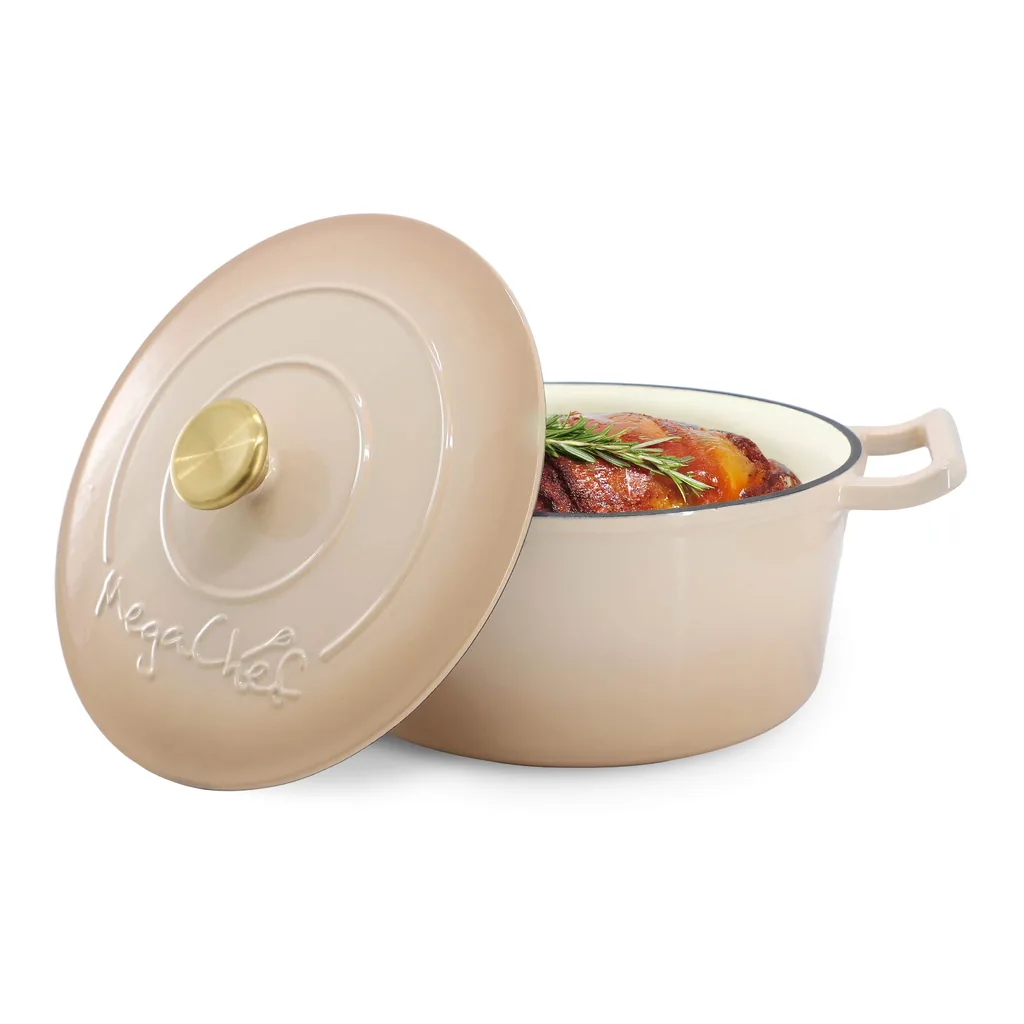 38544f34-f0da-40c8-9cec-160a0315dd4c.jpg MegaChef - 5.3 Quarts Round Enameled Cast Iron Casserole with Self Basting Lid - Peanut Butter