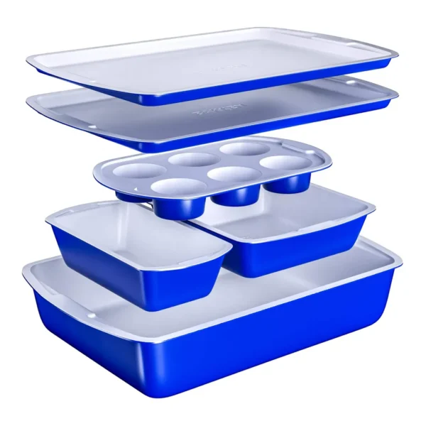 38f2eddb-3266-47dc-b351-c9c5c6427b7f.jpg Bakken- Swiss - BAKKEN 6-Piece Kitchen Baking Pan Set - Royal Color with Gray Ceramic Nonstick Coating, Commercial Grade Carbon Ste - Blue
