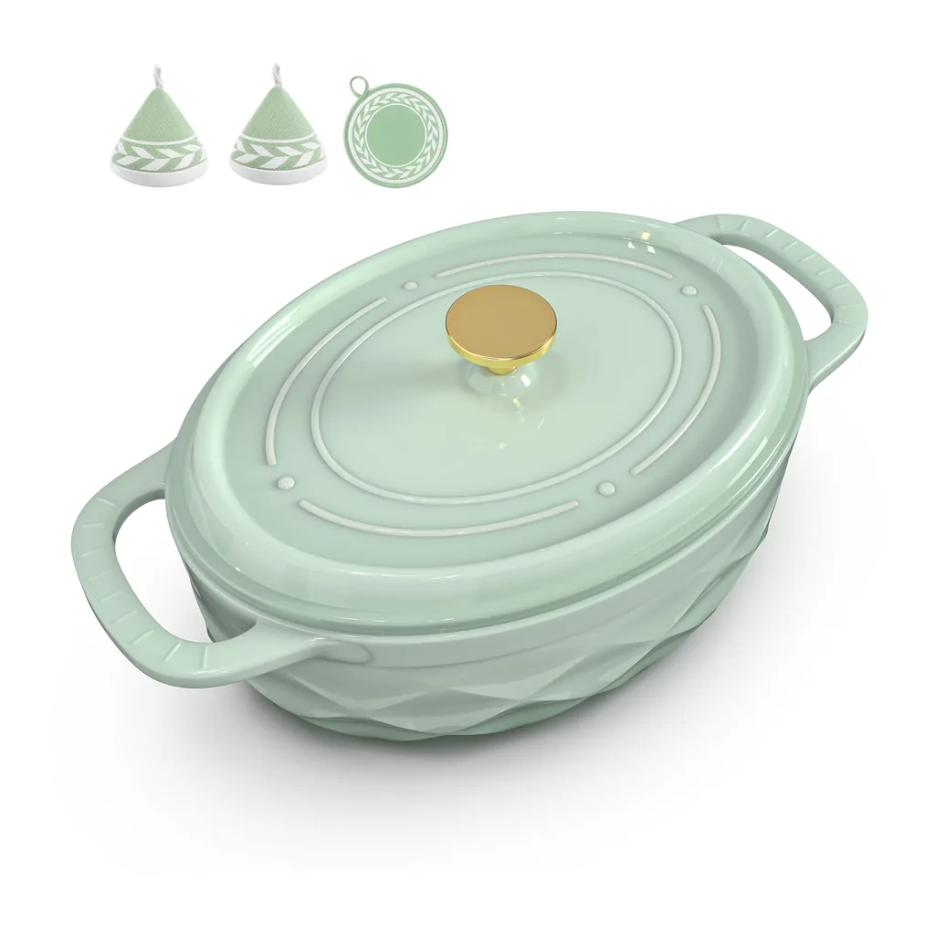 39a4cb38-3c56-48e1-a03b-542cd1e6b47f.jpg Winado - 7.5 QT Oval Enameled Cast Iron Dutch Oven Pot with Diamond Texture & Self-Basting Lid & Heat Resistant Mitts & Pot Mat - Green