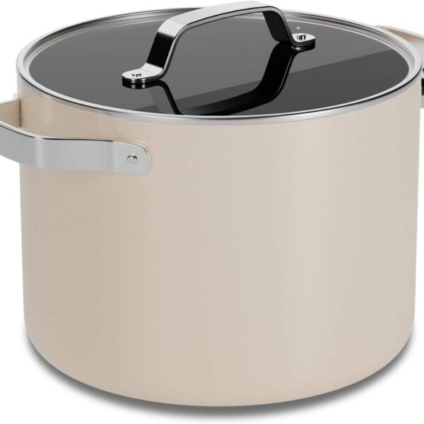 3b02cbb6-f107-45fb-9a12-9c1ba434f795.jpg Bakken- Swiss - 8.5 Qt Aluminum Stock Pot, Nonstick Ceramic Coating, PTFE & PFAS Free, Oven Safe 500°F, SS Handles, Glass Lid - Cream