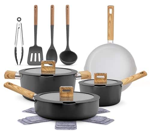 3ba03a1b-d78d-49e9-9dce-00458a09662a.jpg NutriChef - 14-Piece Pots and Pans Set Ceramic Cookware Set w/Ladle, Tongs, Spatula - Black