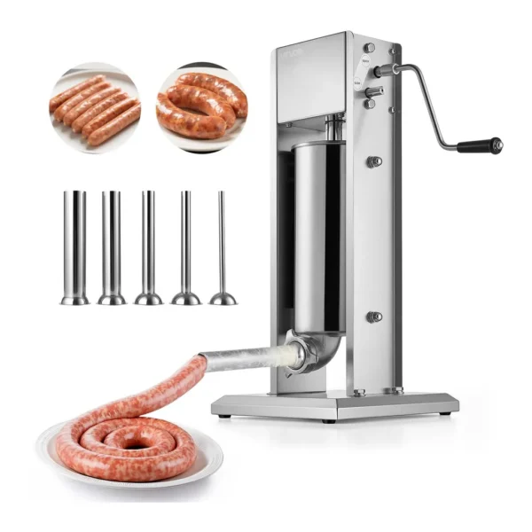 3cd18768-6db6-4ac9-a6a9-cb554345483f.jpg VEVOR VS-5L Manual Sausage Stuffer, 11 LBS / 5 L Vertical Meat Stuffer, Dual-Speed Sausage Casing Meat Filling Machine – Silver