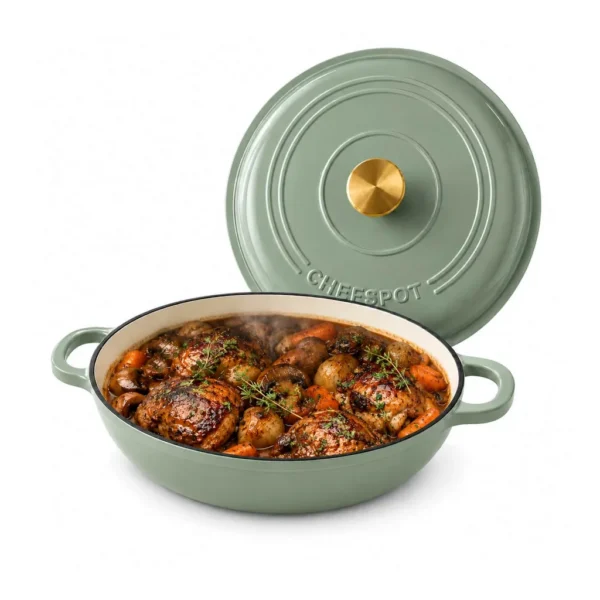3d5cf376-bd0f-4757-a99e-42809d741f6c.jpg CHEFSPOT - 3.5-Quart Enameled Cast Iron Braiser Pan with Self-Basting Lid - Sage green