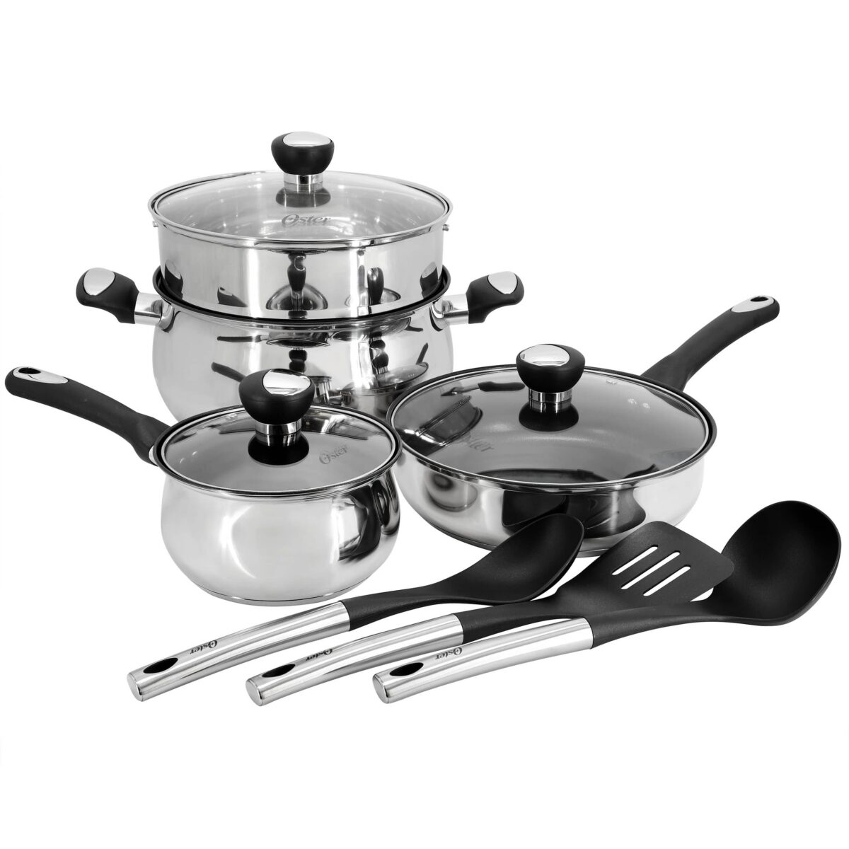 3ecf674d-88f5-4fe0-8d39-8b5e25e20575.jpg Oster - Baldwyn 10 Piece Stainless Steel Belly Shaped Nonstick Cookware and Utensil Set - Silver
