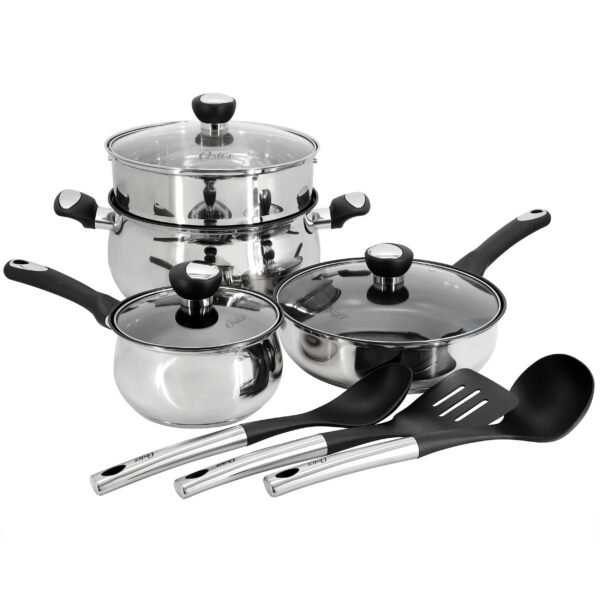 3ecf674d-88f5-4fe0-8d39-8b5e25e20575.jpg Oster - Baldwyn 10 Piece Stainless Steel Belly Shaped Nonstick Cookware and Utensil Set - Silver