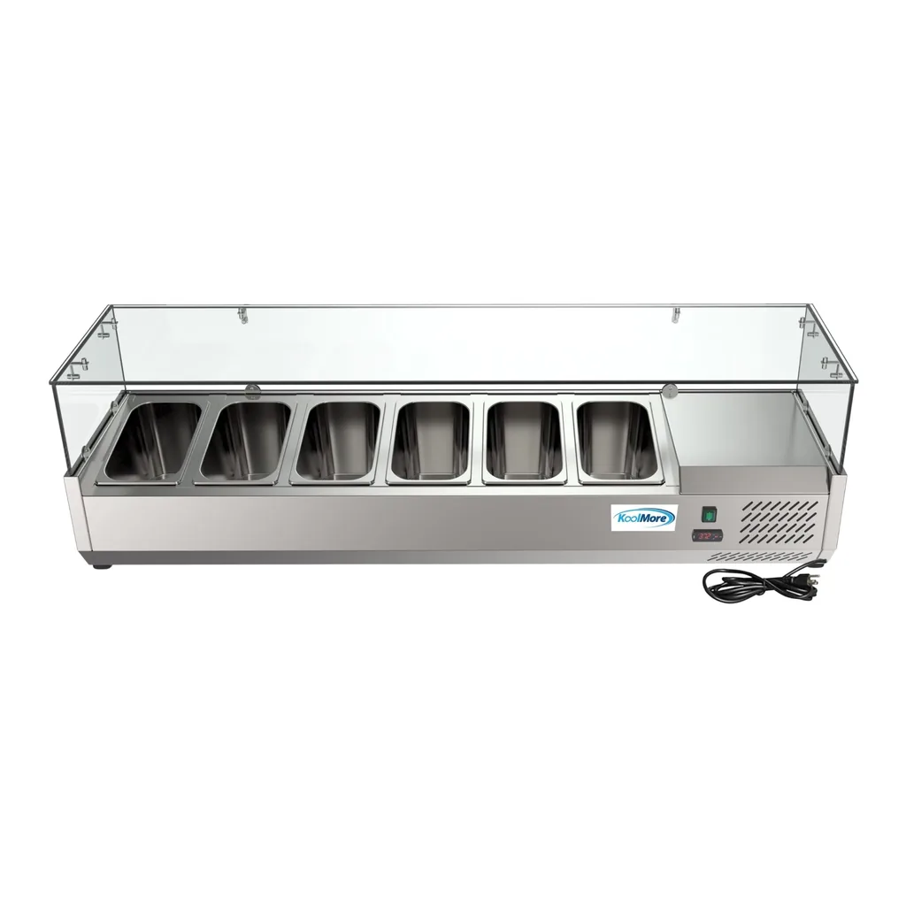 3f4e112f-4617-428a-8a90-1f6e6a723616.jpg Koolmore - 59 in. Six Pan Refrigerated Countertop Condiment Prep Station - SCDC-6P-SG - Stainless Steel