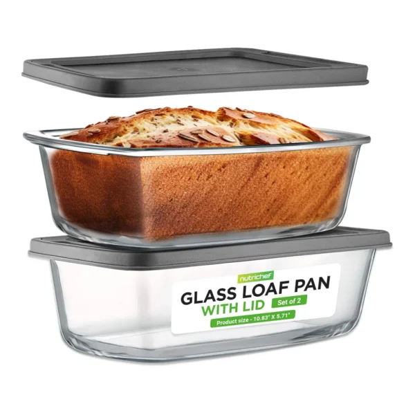 3fdde2dc-7e8c-4aa8-b5ee-ab4f6b90119c.jpg NutriChef - 4-Piece Glass Loaf Pan Set with Lids, 1.9QT Bread Baking Dishes, Oven & Microwave Safe (NCGL2LO) - Clear