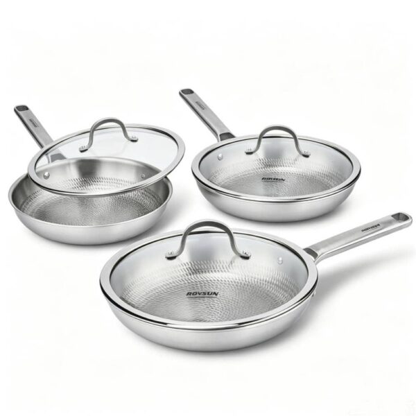 4208cc42-0eb4-415f-94e1-0bfc6f370479.jpg Winado - 3 PCS Titanium Pan Set, 8" 10" 12" Hammered Frying Pan with Heat-Resistant Glass Lids for Kitchen,Oven & Dishwasher Safe - Silver