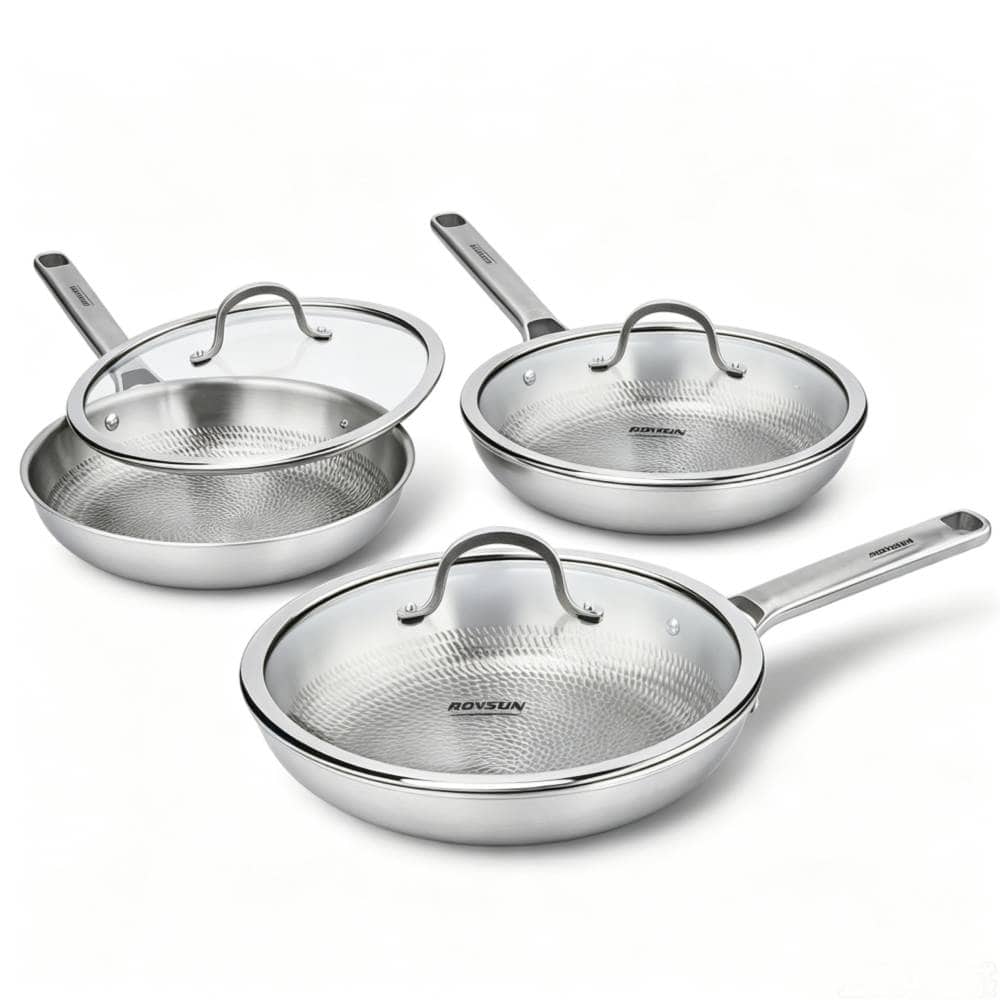 4208cc42-0eb4-415f-94e1-0bfc6f370479.jpg Winado - 3 PCS Titanium Pan Set, 8" 10" 12" Hammered Frying Pan with Heat-Resistant Glass Lids for Kitchen,Oven & Dishwasher Safe - Silver