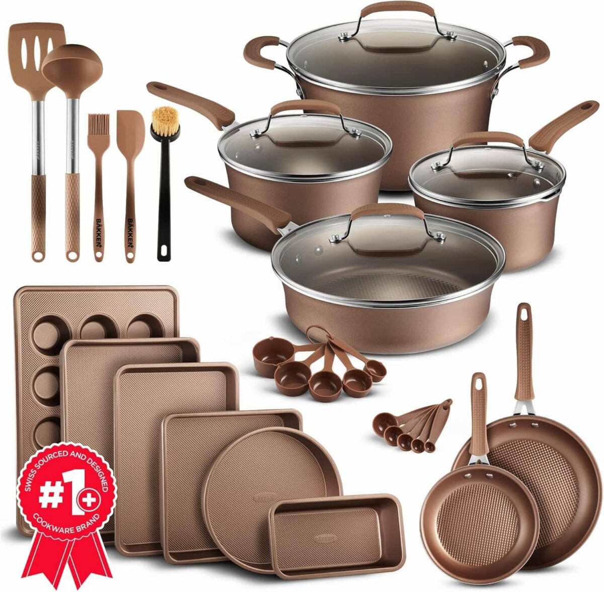 4272f6d4-3bcc-4e23-94bb-7512dcbd1067.jpg Bakken- Swiss - Pots and Pans Set Non Stick Ceramic, 23-Piece Cookware & Bakeware Sets with Plaid Pattern, Stackable Design, Dishwasher - Golden
