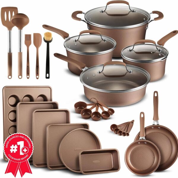 4272f6d4-3bcc-4e23-94bb-7512dcbd1067.jpg Bakken- Swiss - Pots and Pans Set Non Stick Ceramic, 23-Piece Cookware & Bakeware Sets with Plaid Pattern, Stackable Design, Dishwasher - Golden