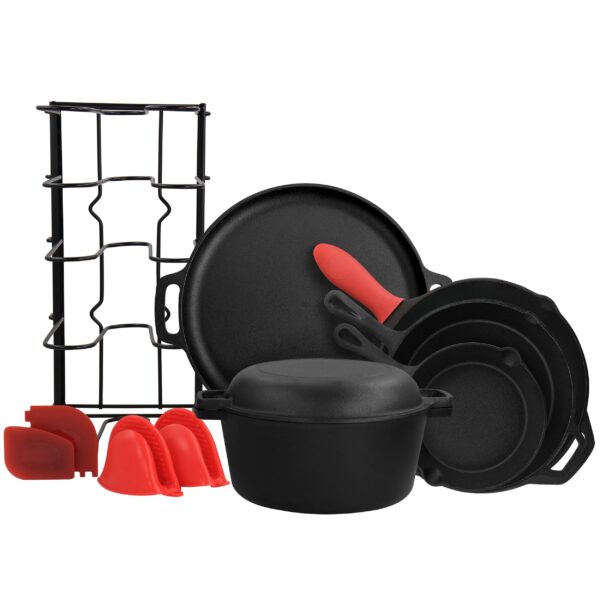 42e5aa9a-c6f9-4c0b-8c33-9d8a34aabfeb.jpg MegaChef - 12 Piece Round PreSeasoned Cast Iron Cookware Set - Black and Red