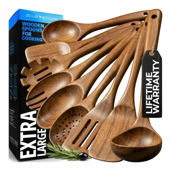 42ebe099-0aa4-4277-8f4a-924018eaedfb.jpg Zulay Kitchen - 9-Piece Teak Wooden Utensils for Cooking - Smooth Finish Natural Teak Utensil Set - Brown
