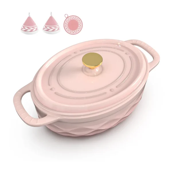 42ff9a6f-018f-400c-bb8f-ff2481107766.jpg Winado - 7.5 QT Oval Enameled Cast Iron Dutch Oven Pot with Diamond Texture & Self-Basting Lid & Heat Resistant Mitts & Pot Mat - Pink