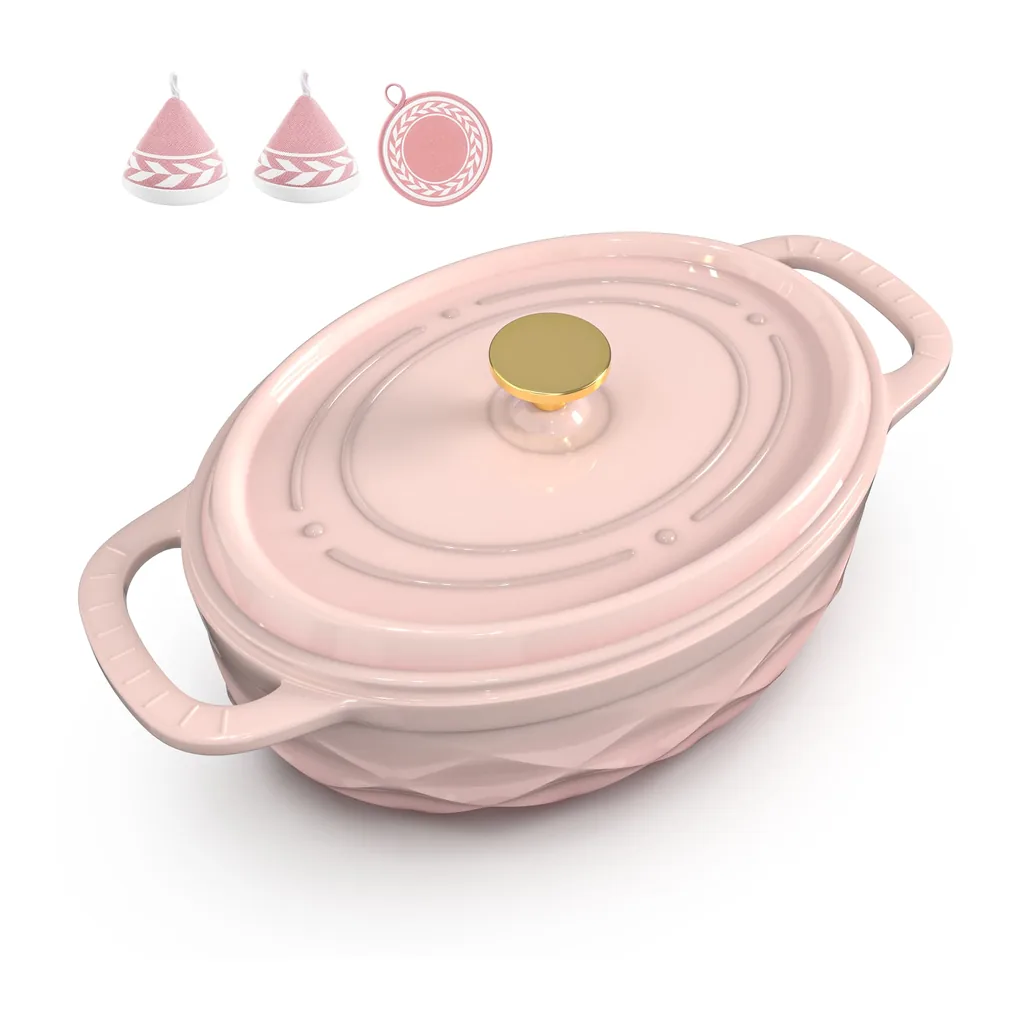 42ff9a6f-018f-400c-bb8f-ff2481107766.jpg Winado - 7.5 QT Oval Enameled Cast Iron Dutch Oven Pot with Diamond Texture & Self-Basting Lid & Heat Resistant Mitts & Pot Mat - Pink