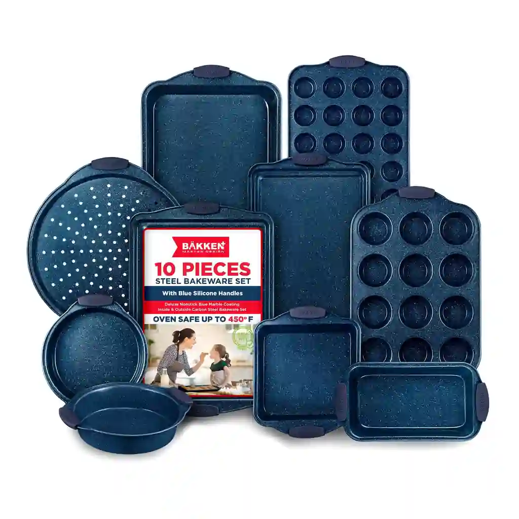 44342e17-9abb-41c3-a801-9d99414a12dc.jpg Bakken- Swiss - BAKKEN Kitchen Baking Pan Set - Nonstick Coating, Carbon Steel Bakeware Sets with Blue Silicone Handles, Baking Kitchen - Blue Marble
